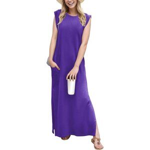 Grecerelle Women Dark Purple Round Neck Loose Split Wrinkle-Free Long Maxi Dress